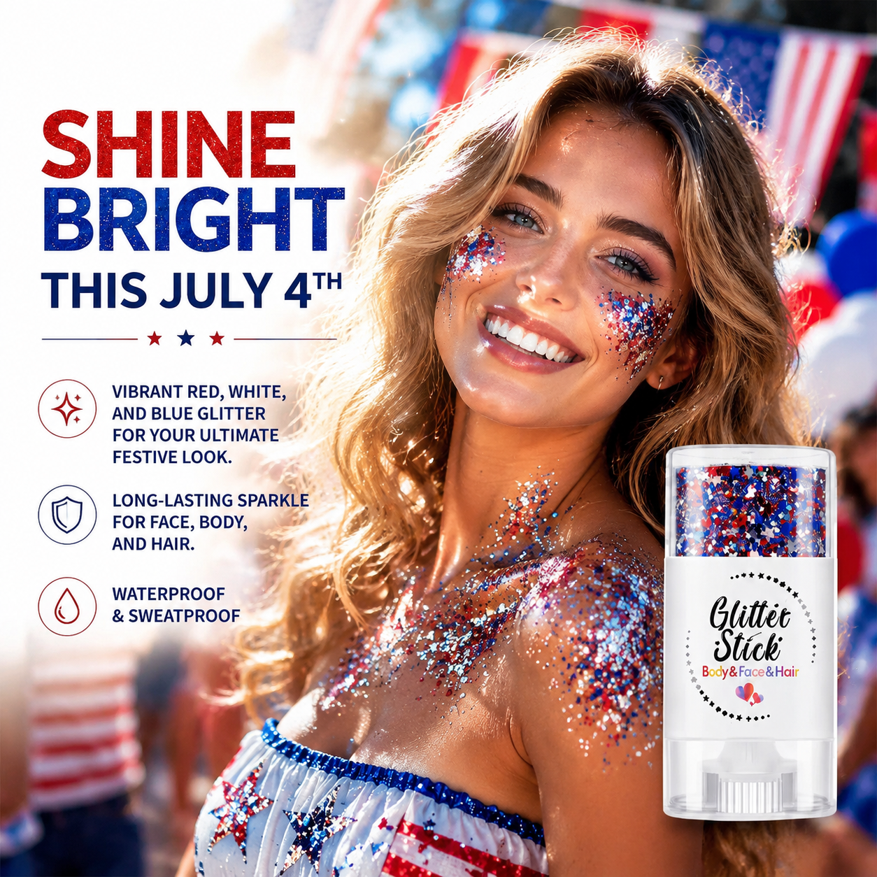 😍✨ 3-in-1 Red, White & Blue Glitter Glow Stick – Face, Body & Hair Sparkle