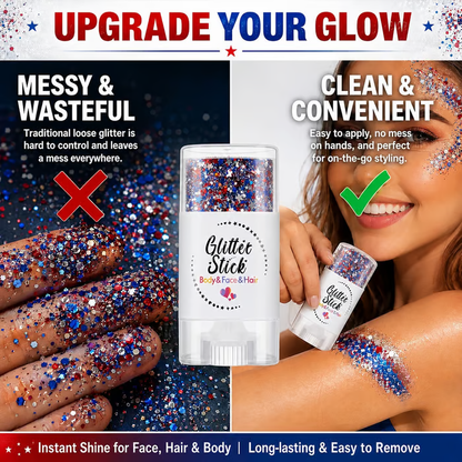 😍✨ 3-in-1 Red, White & Blue Glitter Glow Stick – Face, Body & Hair Sparkle
