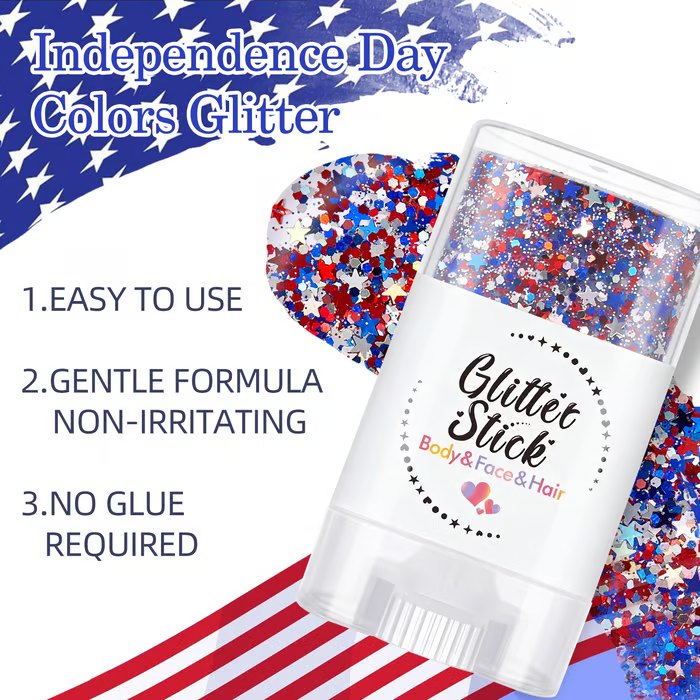 😍✨ 3-in-1 Red, White & Blue Glitter Glow Stick – Face, Body & Hair Sparkle