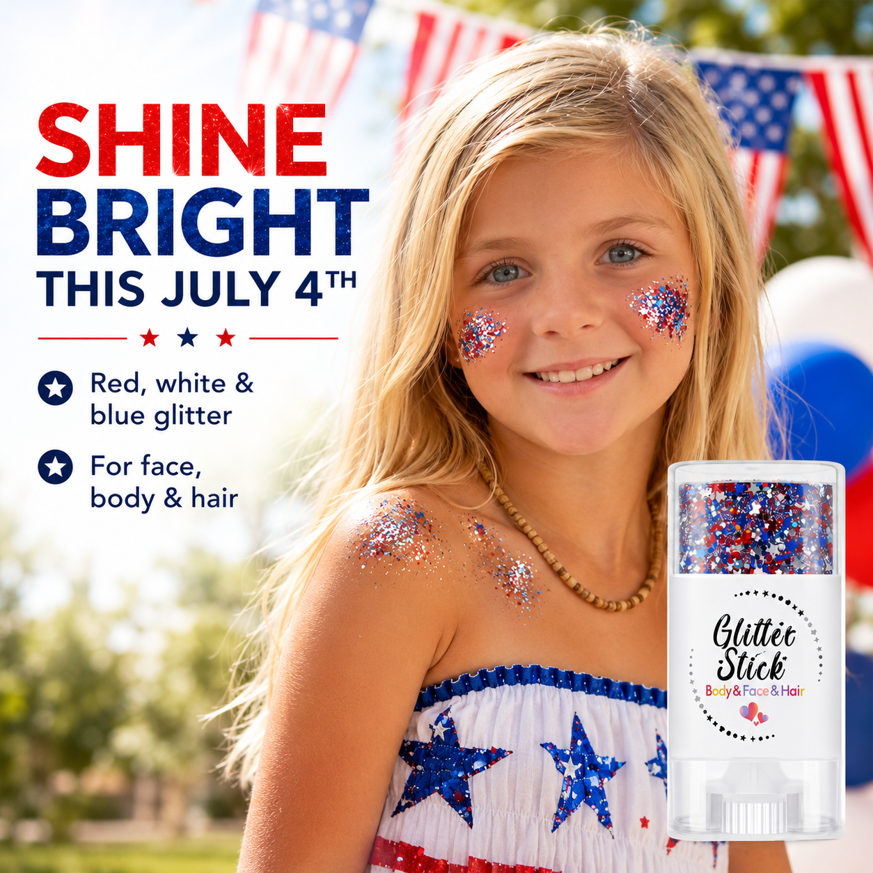 😍✨ 3-in-1 Red, White & Blue Glitter Glow Stick – Face, Body & Hair Sparkle