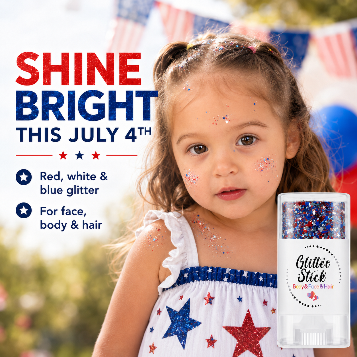 😍✨ 3-in-1 Red, White & Blue Glitter Glow Stick – Face, Body & Hair Sparkle