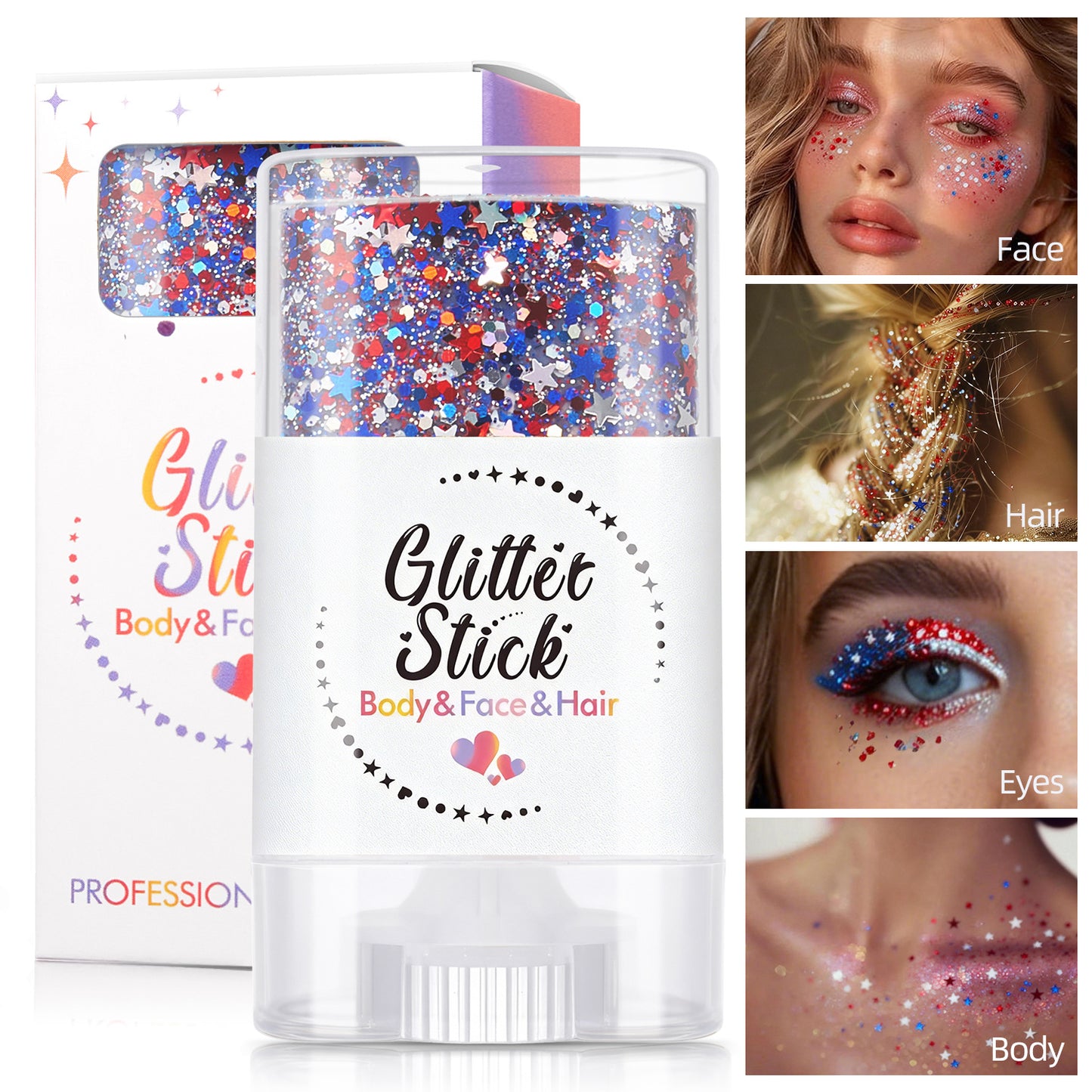 😍✨ 3-in-1 Red, White & Blue Glitter Glow Stick – Face, Body & Hair Sparkle
