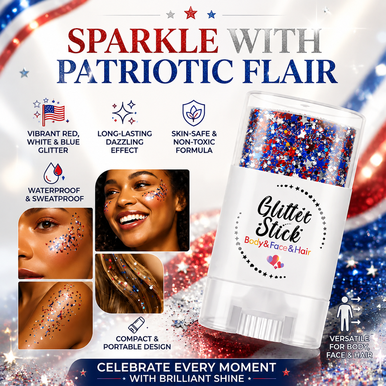 😍✨ 3-in-1 Red, White & Blue Glitter Glow Stick – Face, Body & Hair Sparkle