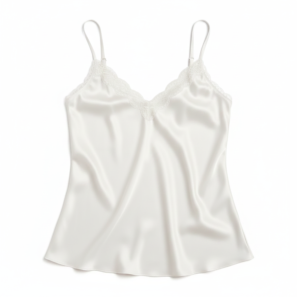 Lace Trim V-Neck Satin Camisole Top - White