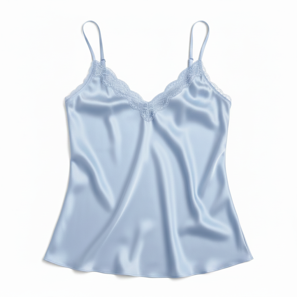 Lace Trim V-Neck Satin Camisole Top - Baby Blue